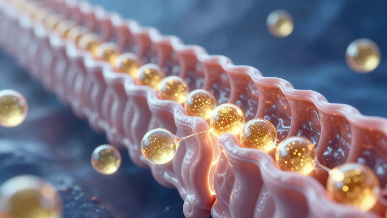 Koncepční znázornění vstřebávání vitamínu D do organismu pomocí tukových kapek.