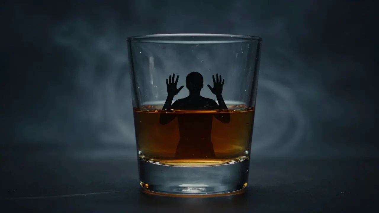 Konceptuální obraz člověka uvězněného uvnitř obrovské sklenice alkoholu v temném prostoru.