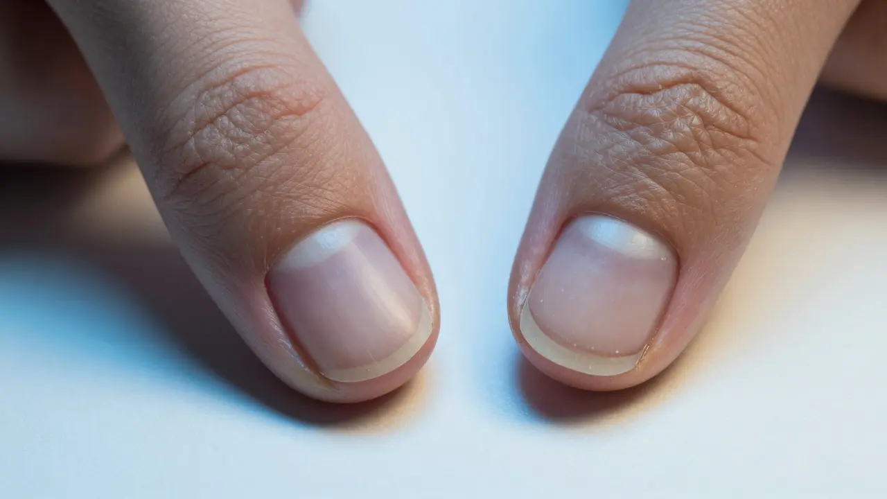 Konceptuální srovnání zdravého a ztenčeného nehtu.