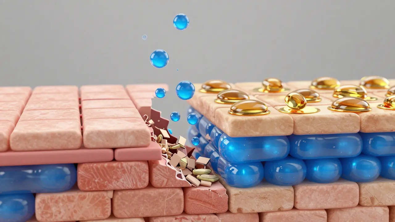 Konceptuální znázornení kožní bariéry a účinku ceramidů při udržení vlhkosti.