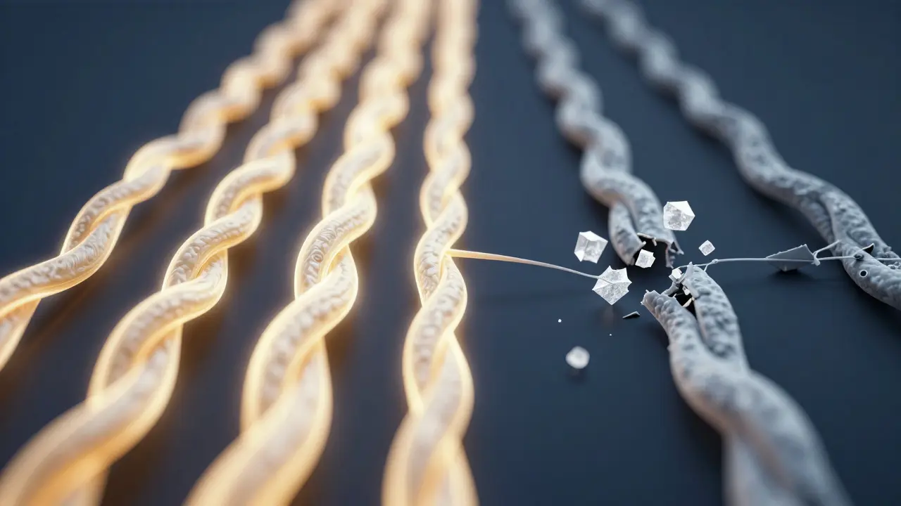 Konceptuální znázornění zdravých kolagenových vláken oproti poškozeným vláknům.