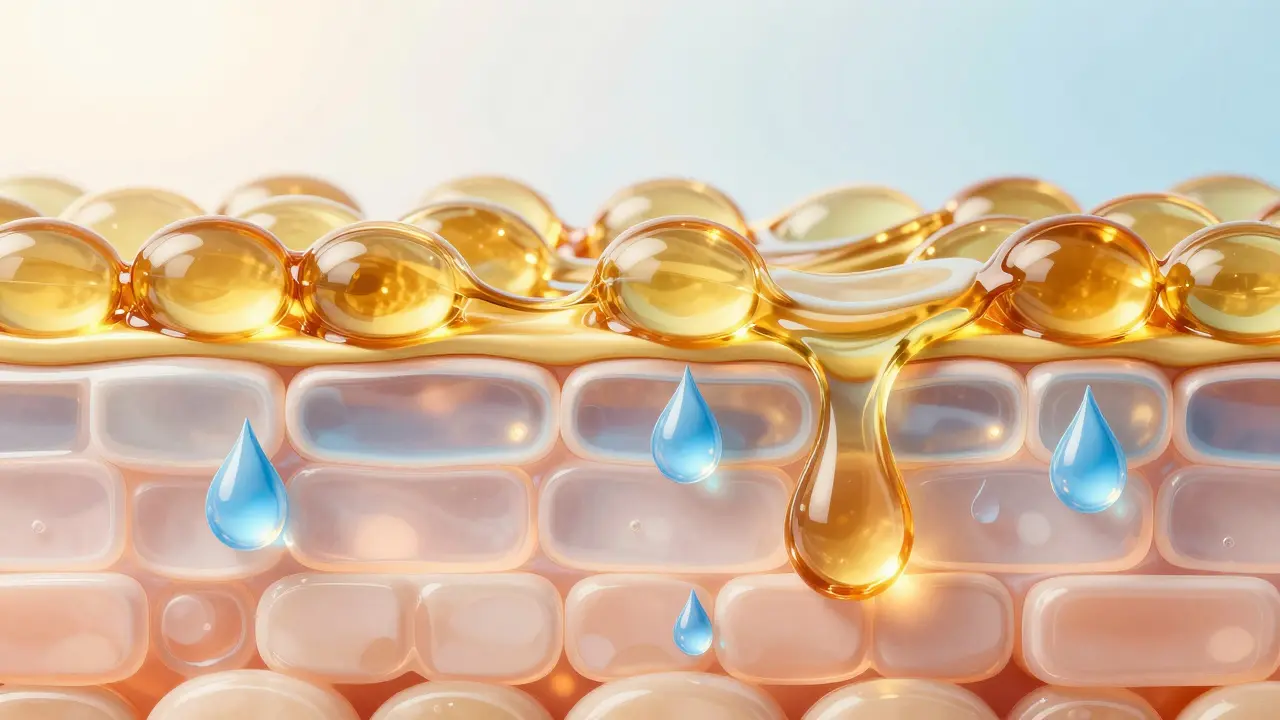 Konceptuální zobrazení lipidové bariéry pleti jako zlaté malty mezi buňkami.