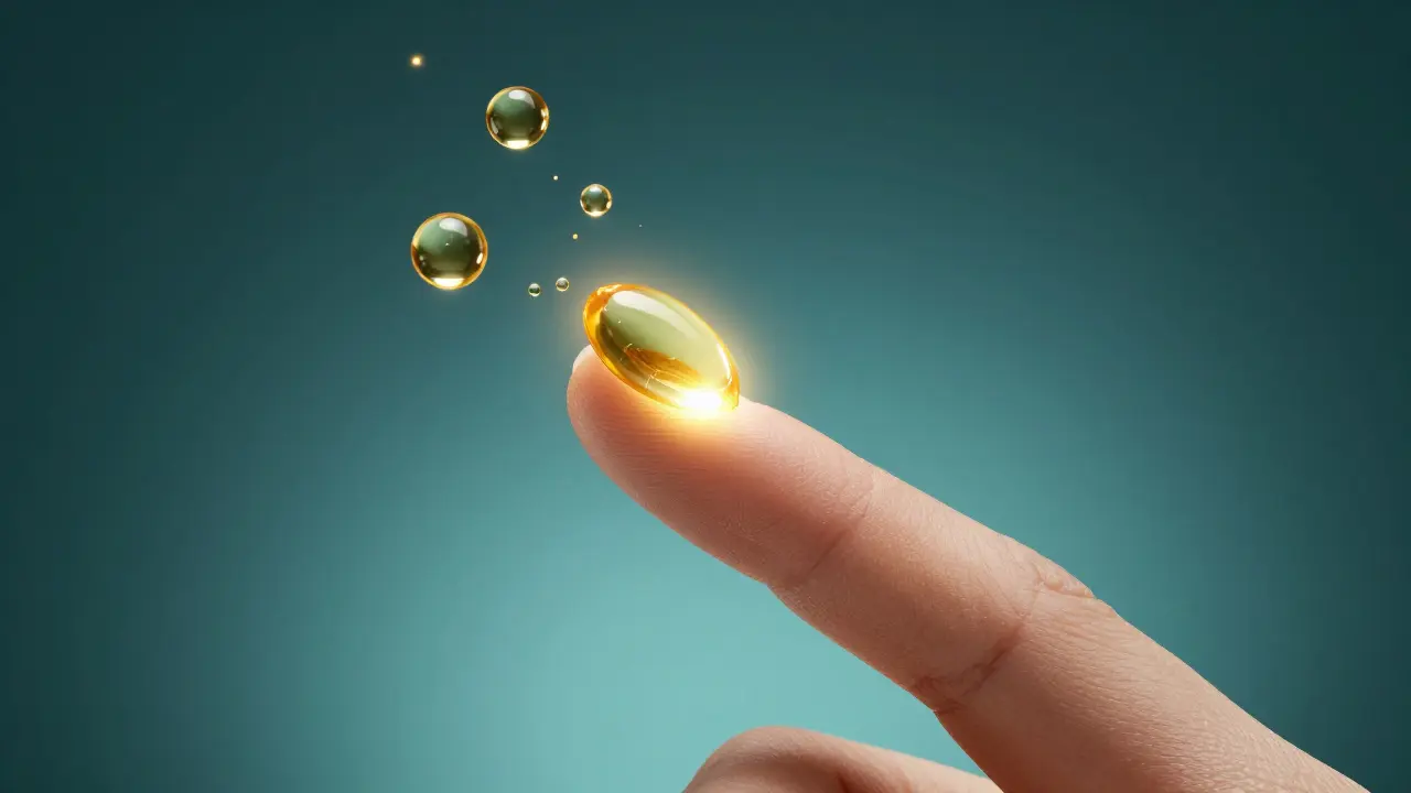 Konceptuální zobrazení regenerace nehtové matrice s zlatými kapkami oleje.
