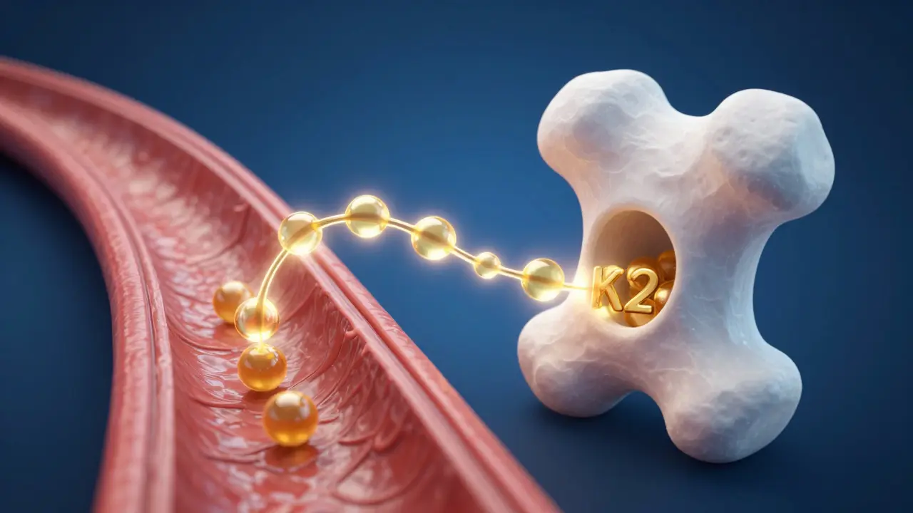 Konceptuální zobrazení transportu vápníku z cév do kostí díky vitamínu K2.