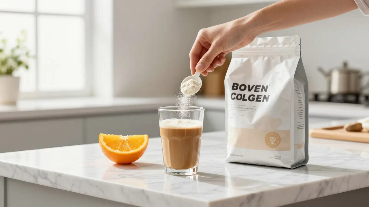 Míchání kolagenového prášku do ranní kávy s plátkem pomeranče.