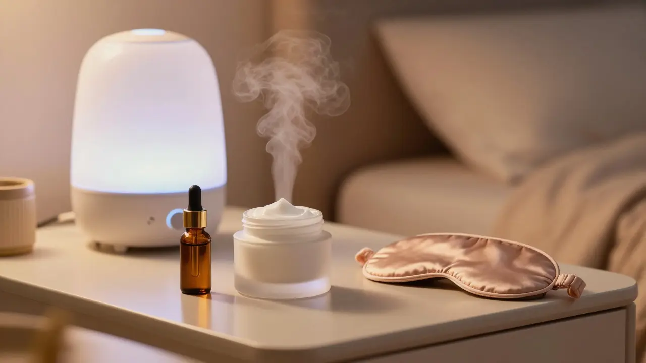 Noční kosmetická rutina s bohatým krémem, olejem a zvlhčovačem vzduchu.