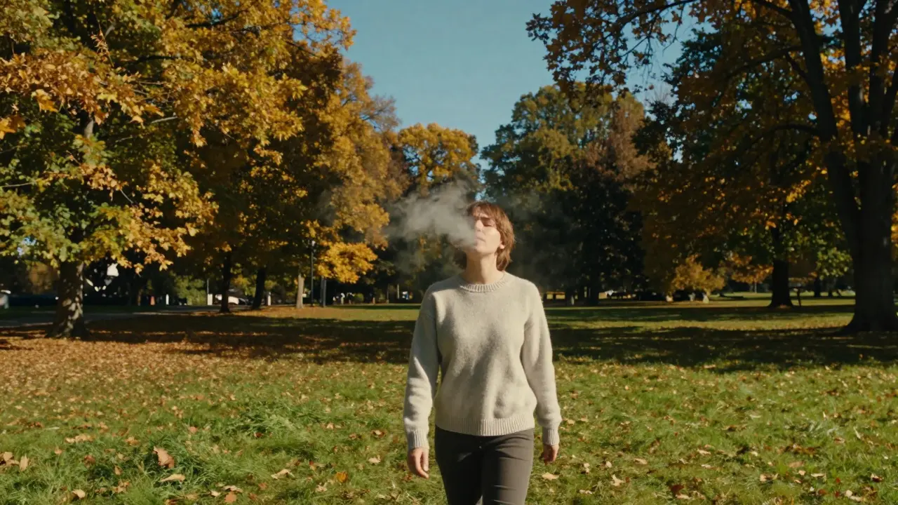 Osoba na osvěžující procházce v zeleném parku za doprovodu čerstvého vzduchu.