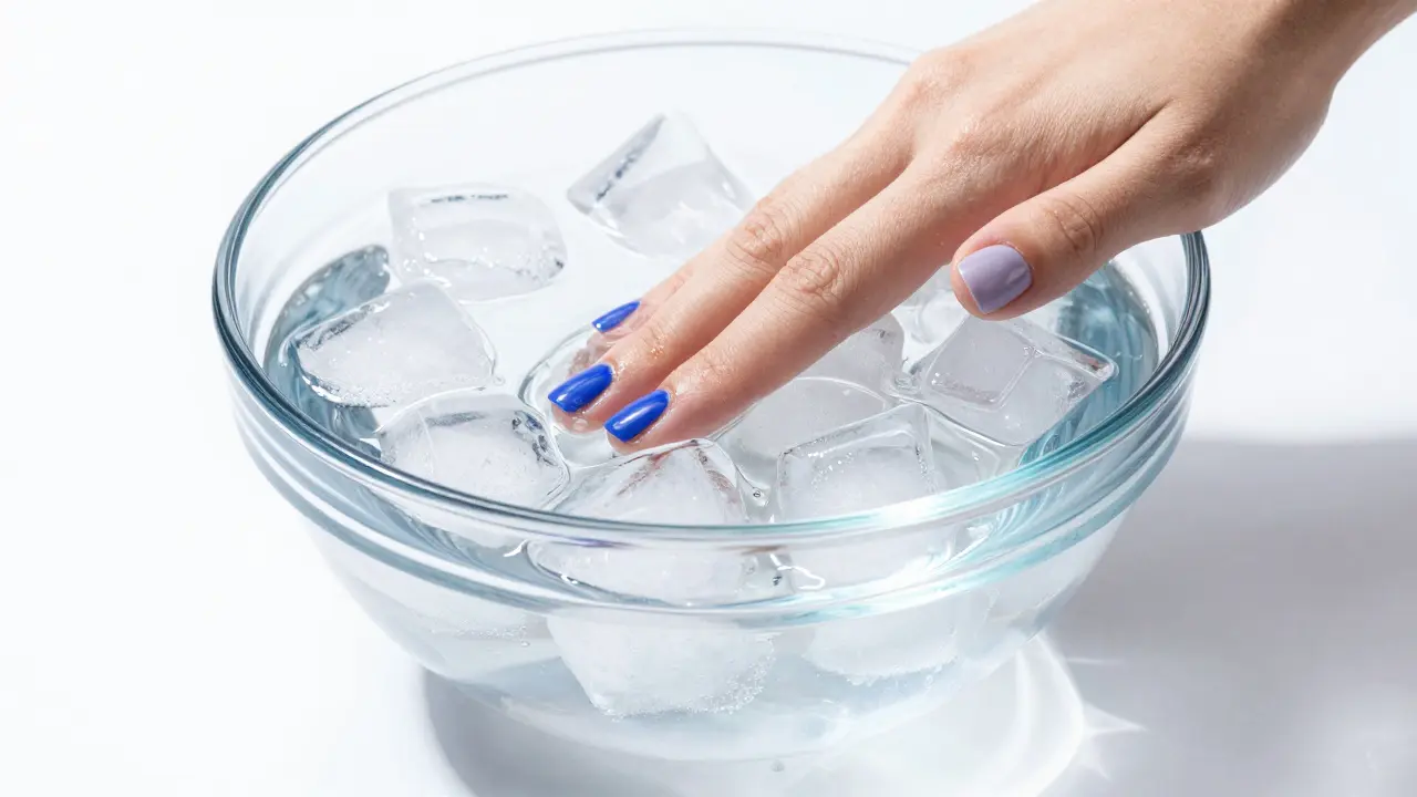 Ruka ponořená do misky s ledovou vodou pro rychlejší schnutí laku