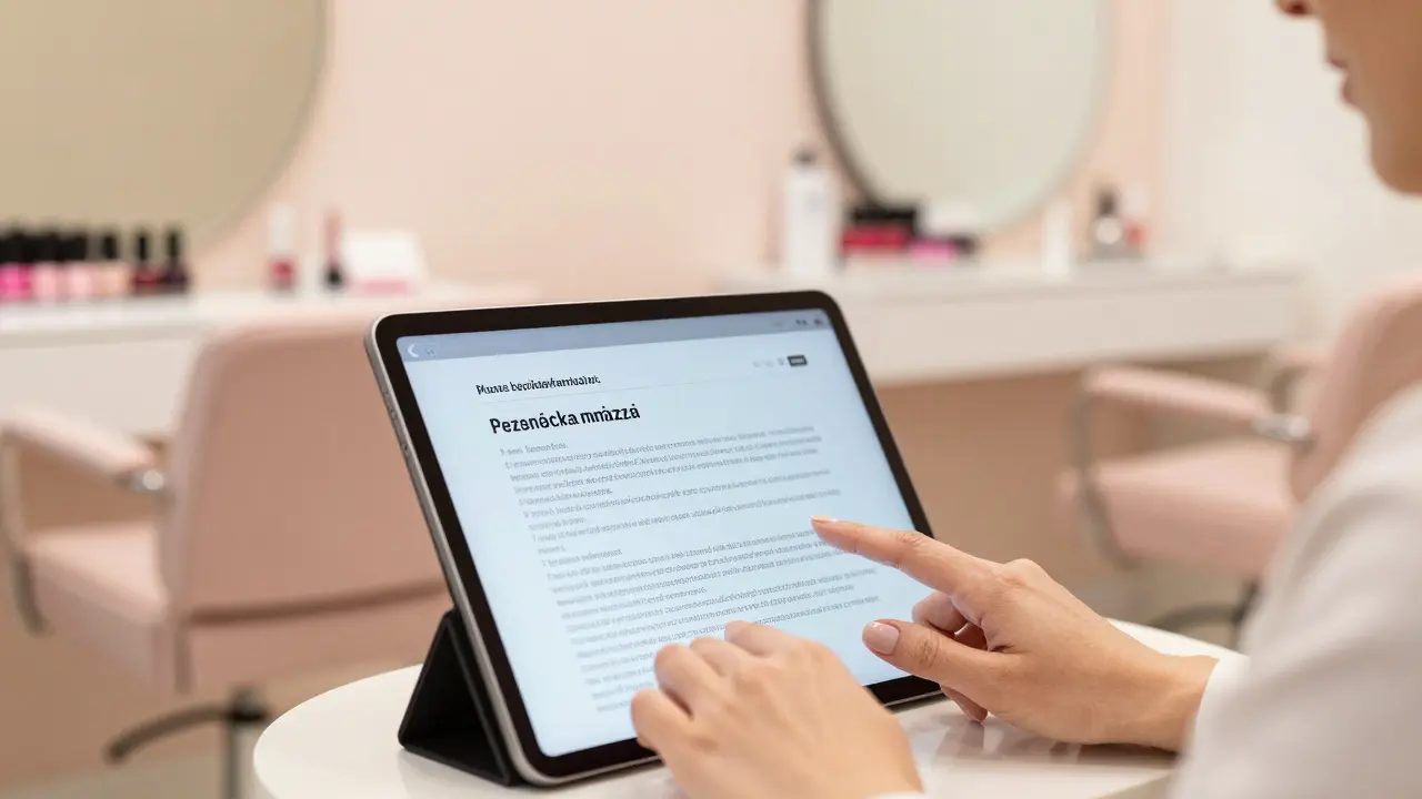 Ruka s manikúrou píše profesionální zprávu na tabletu v moderním beauty salonu.