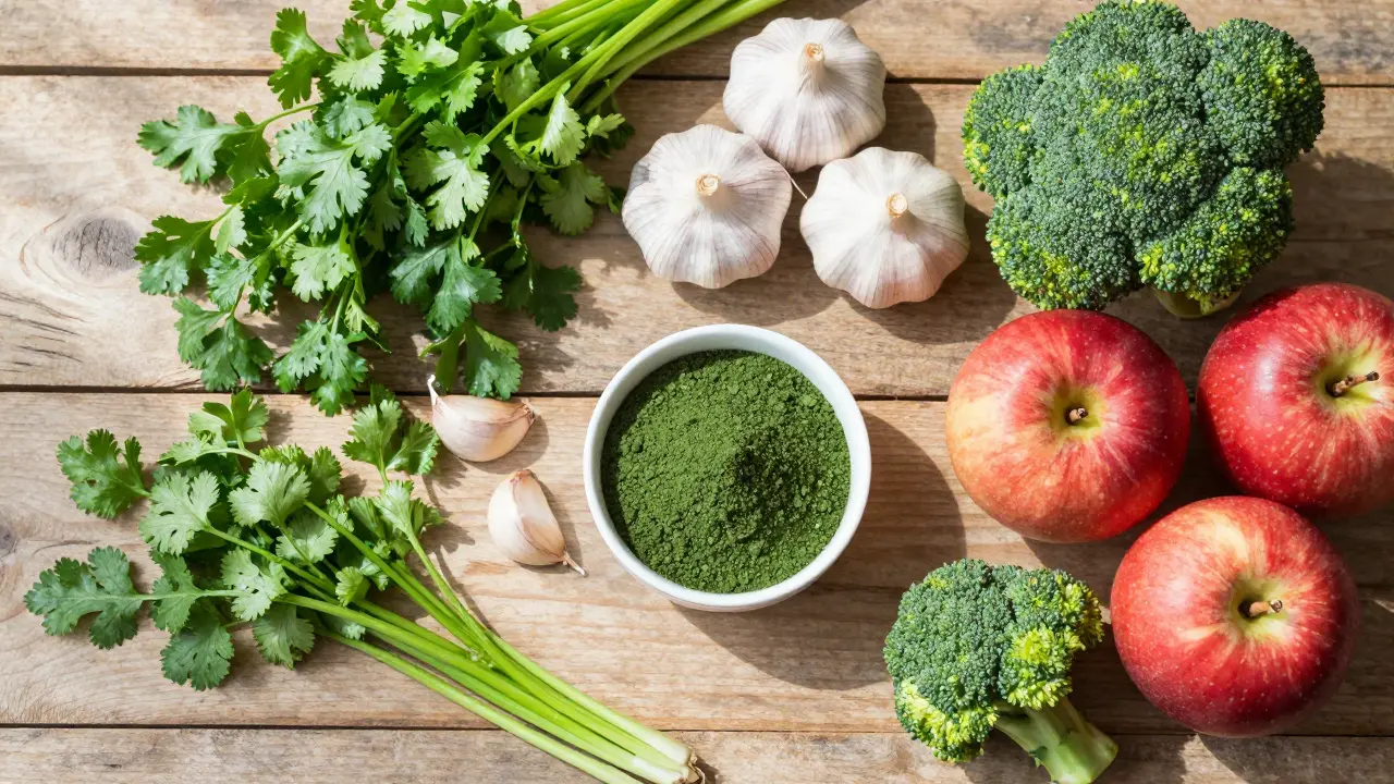 Sada detoxikačních potravin včetně koriandru, česneku a jablek.