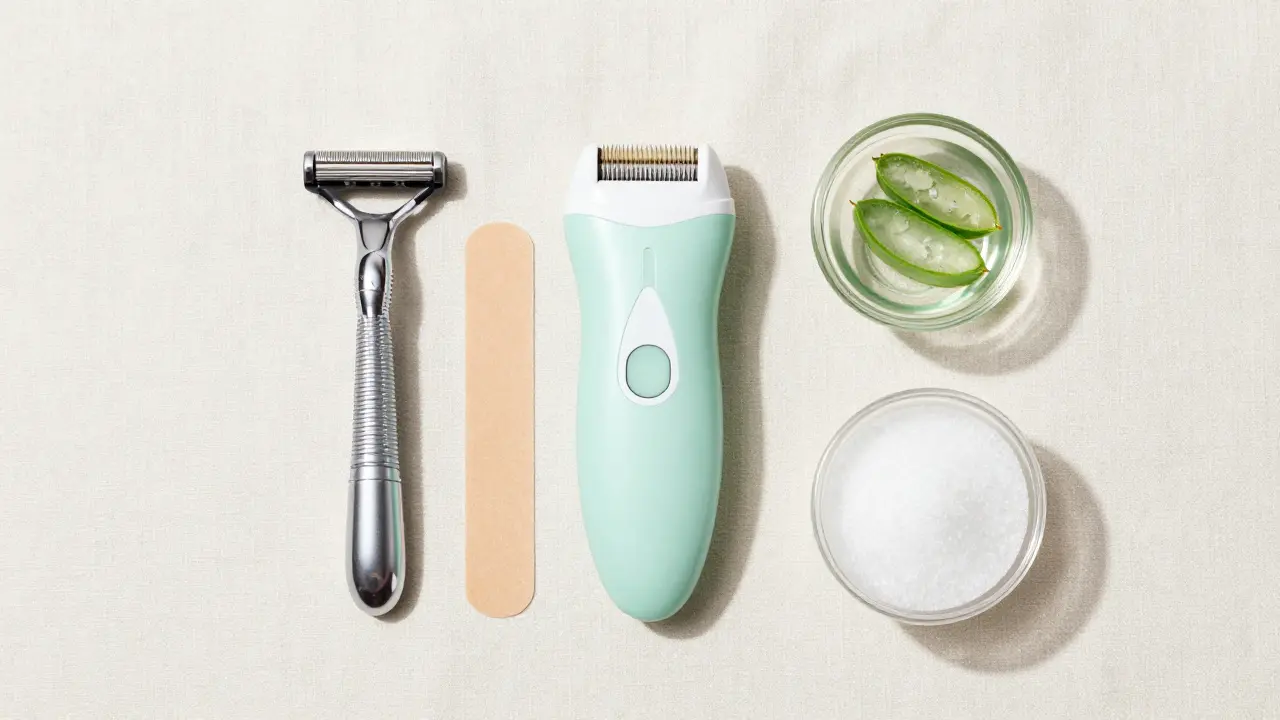 Sada pomůcek pro depilaci: žiletka, epilátor, vosk a zklidňující aloe vera gel.