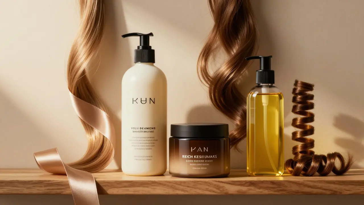 Sada produktů pro péči o různé typy vlasů a textury.