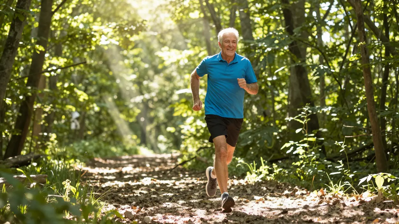 Senior běží lesní stezkou za denního světla symbolizujícím zdraví.