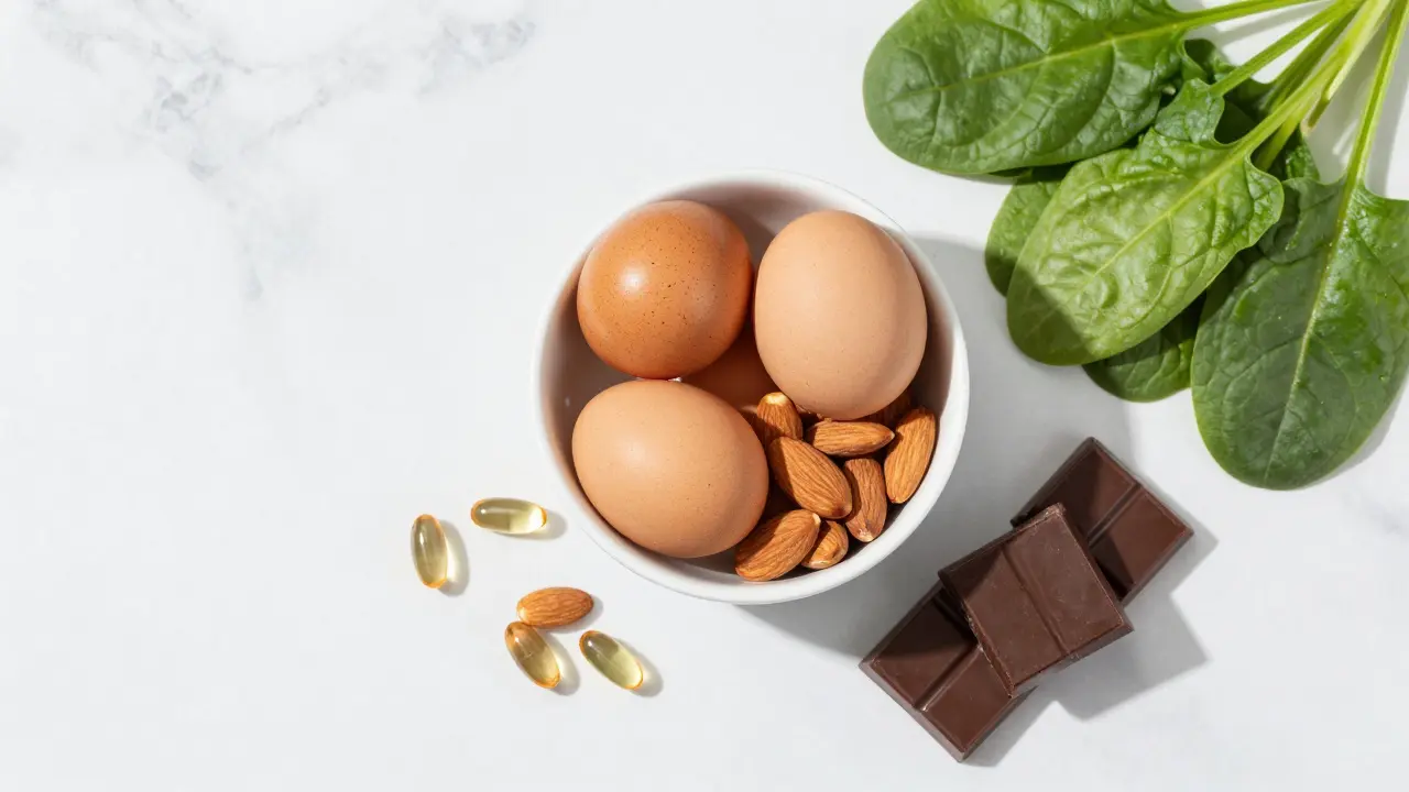 Sestava potravin bohatých na zinek a biotin vedle doplňků stravy na mramoru.