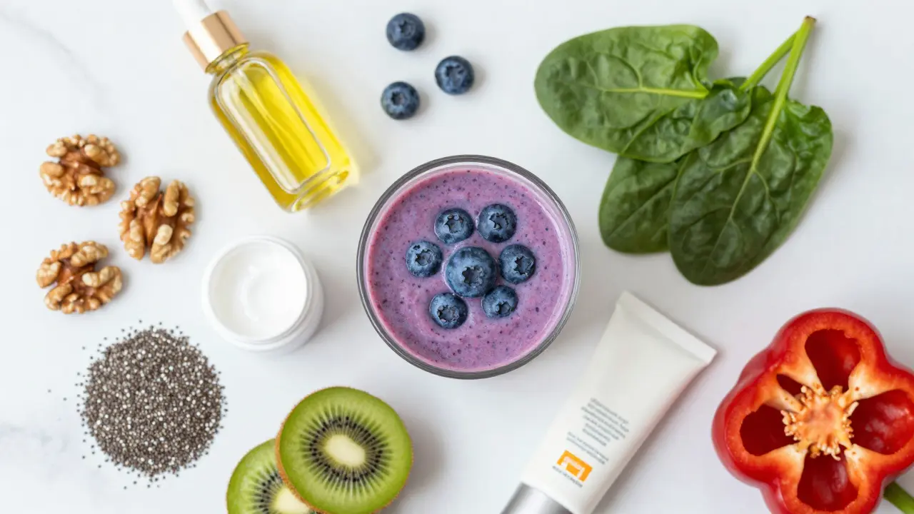 Sestava zdravých potravin bohatých na omega-3 a vitamíny vedle vyživující kosmetiky.