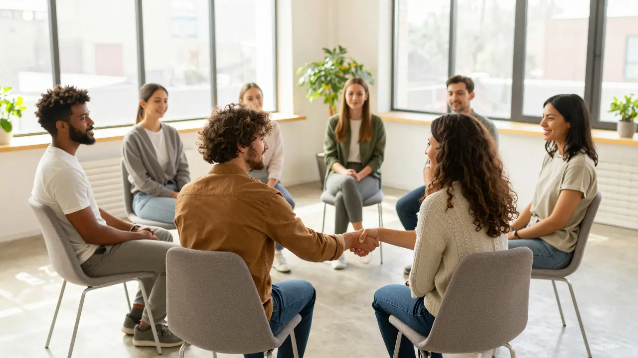 Skupina lidí v cementingové místnosti při stödivem setkání anonymních alkoholiků.