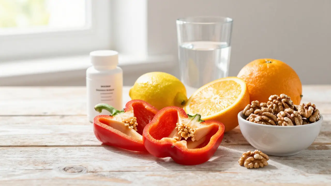 Snídaně s citrusy, paprikou, ořechy a vitamíny pro podporu imunity.