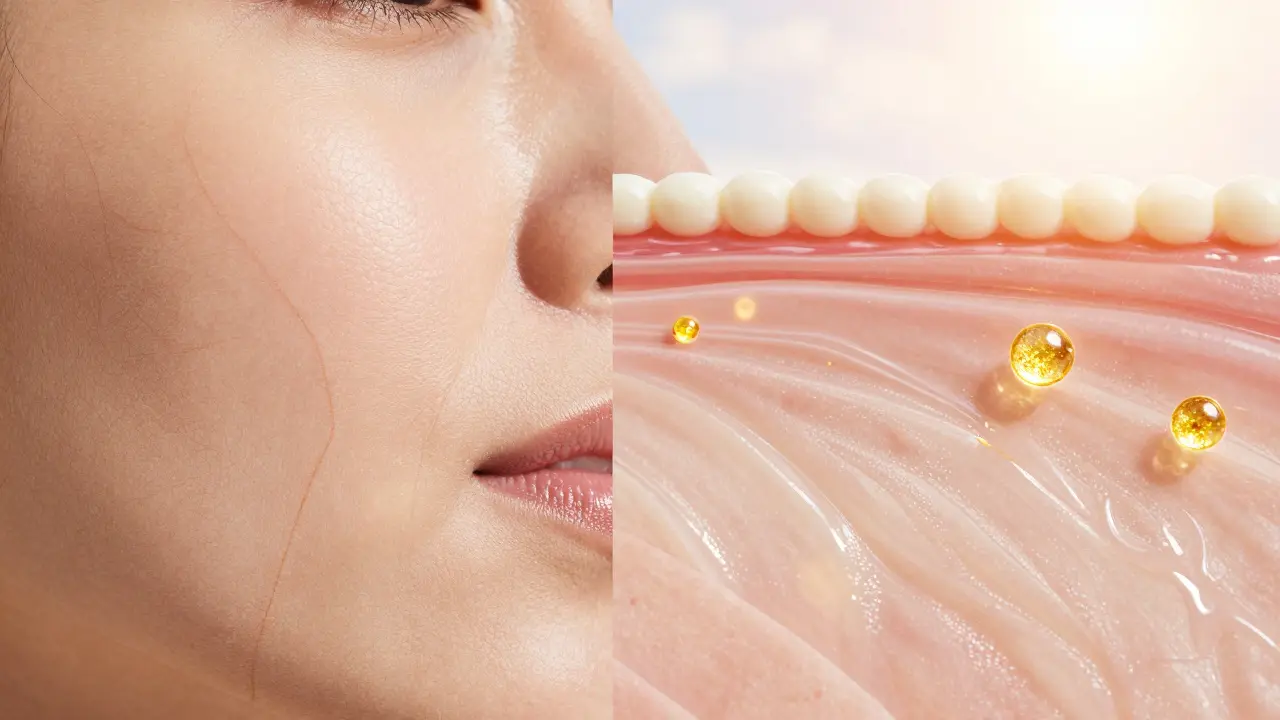 Srovnání plete s vráskami a hydratované, pevné pleti díky kolagenu.