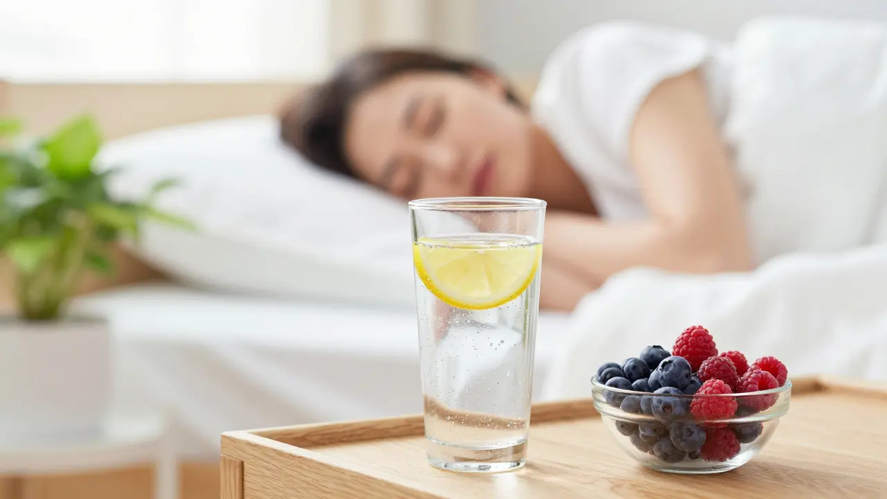 Stůl s vodou a ovocem vedle spící osoby, symbolizující regeneraci těla.