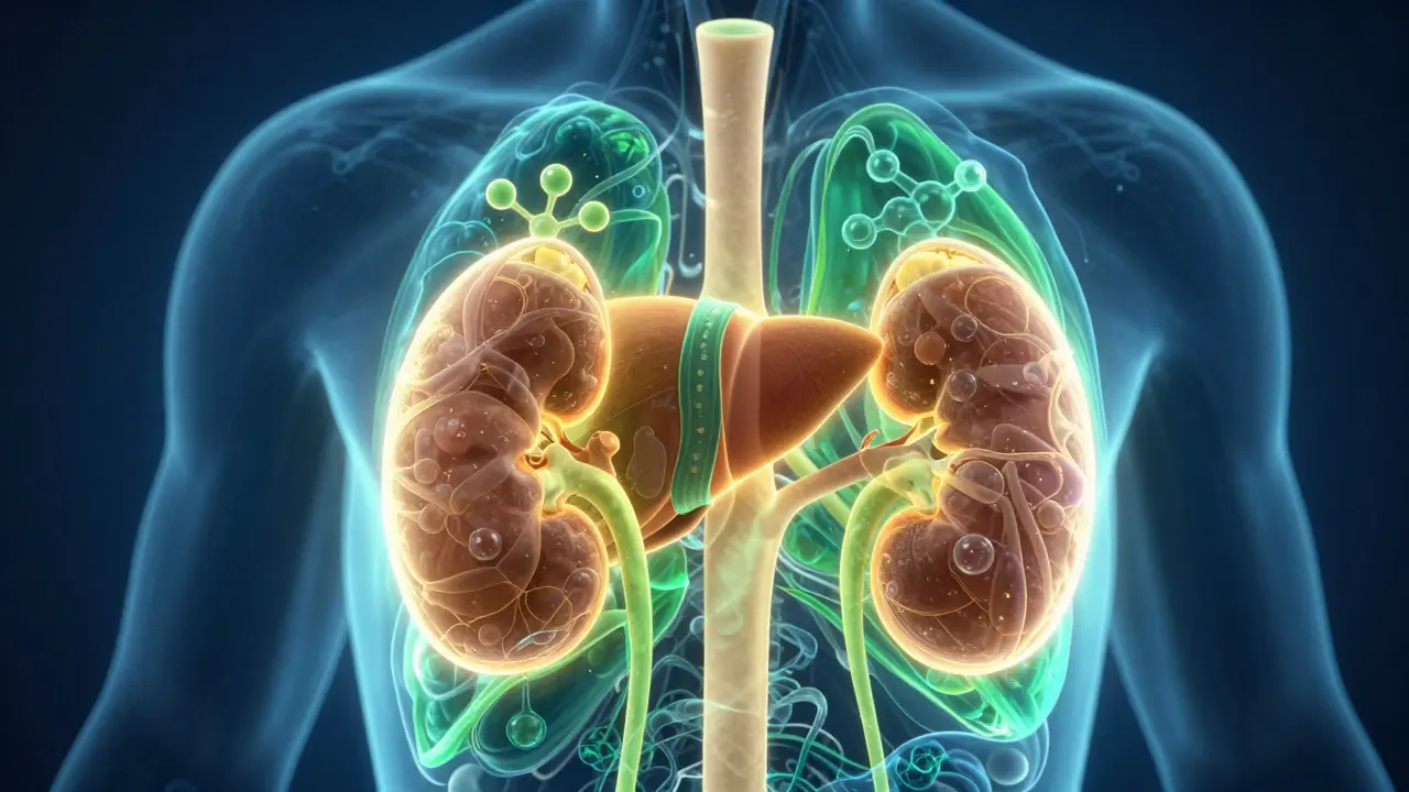 Stylizovaná znázornění jater a ledvin při procesu detoxikace.