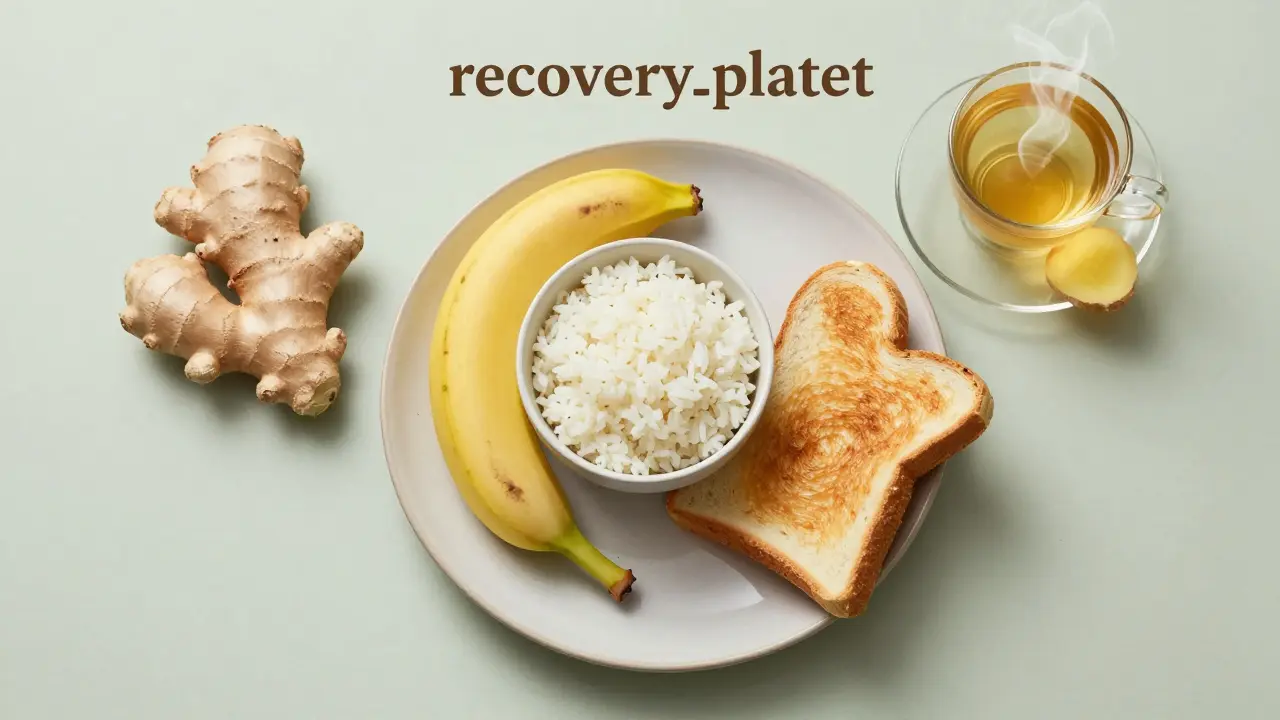 Talíř s banánem, rýží a toustem vedle hrnku s zázvorovým čajem.