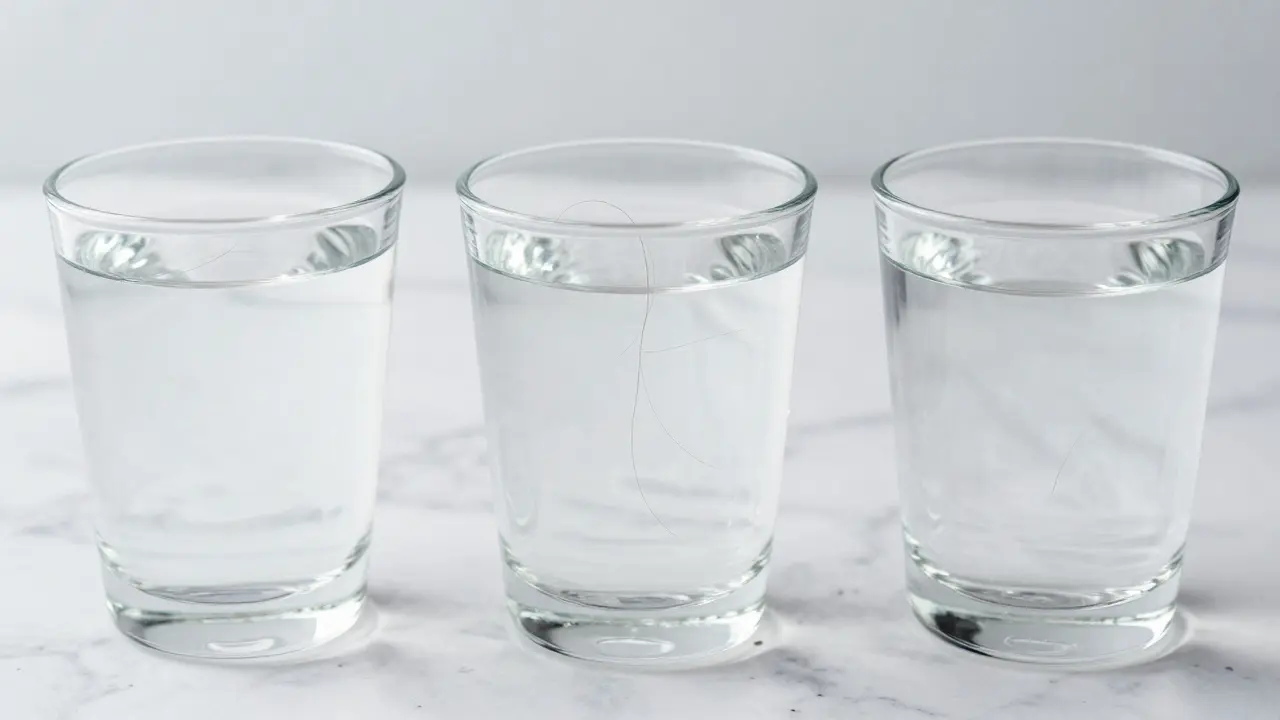 Test pórosity vlasů s pomocí tří sklenic vody.