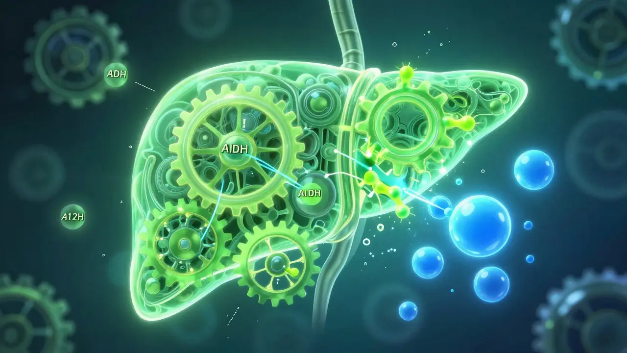 Umělecký obraz jater jako chemické továrny přeměňující toxiny na neškodné látky.