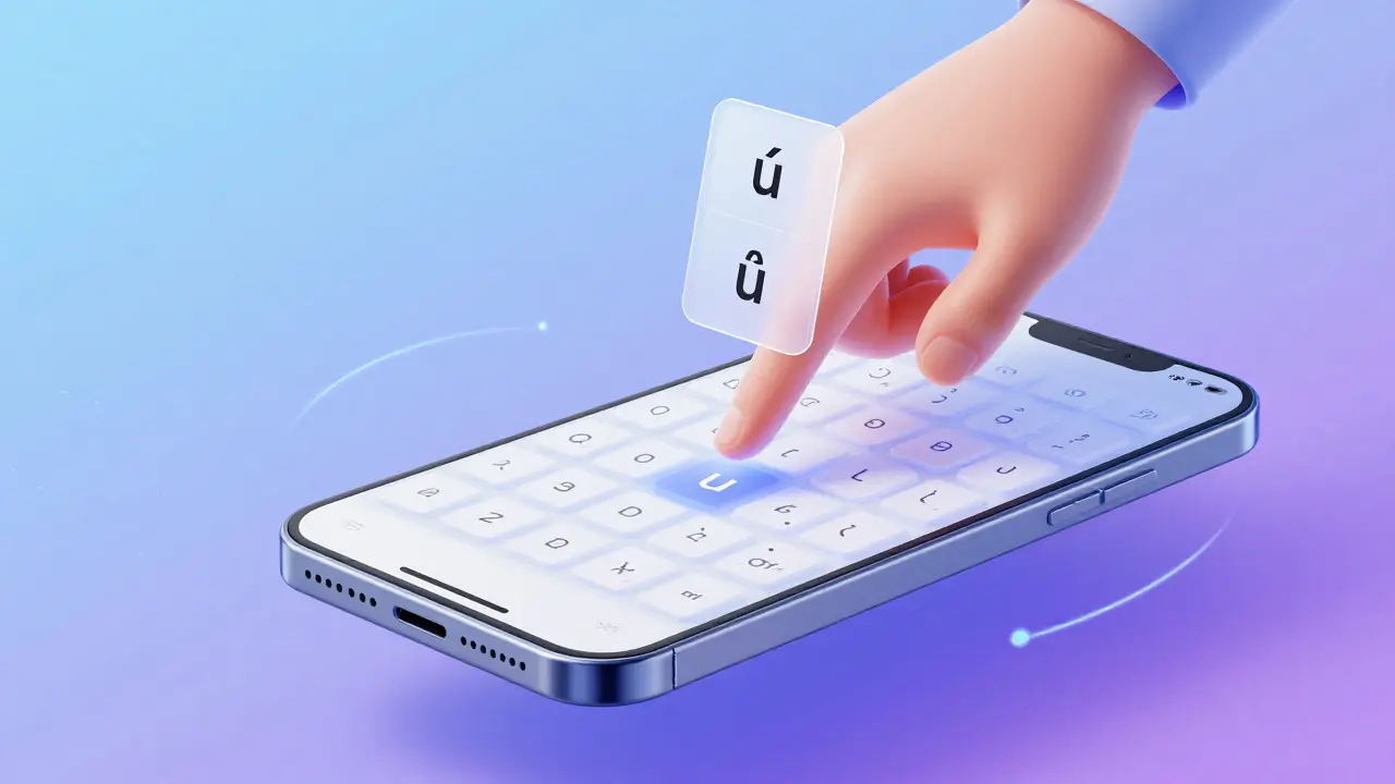 Virtuální klávesnice mobilu s vysunutým menu pro výběr diakritiky u písmena u.