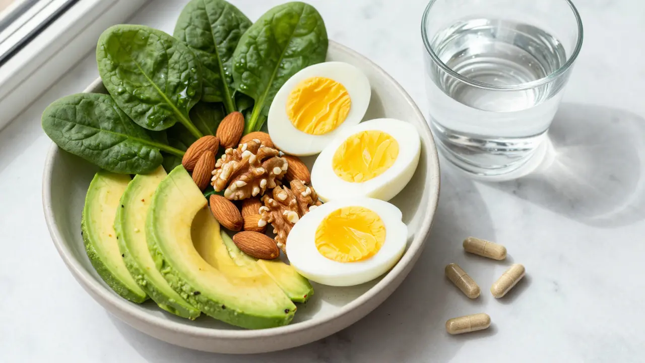 Zdravá jídla bohatá na biotin a zinek, jako jsou vajíčka, ořechy a špenát.