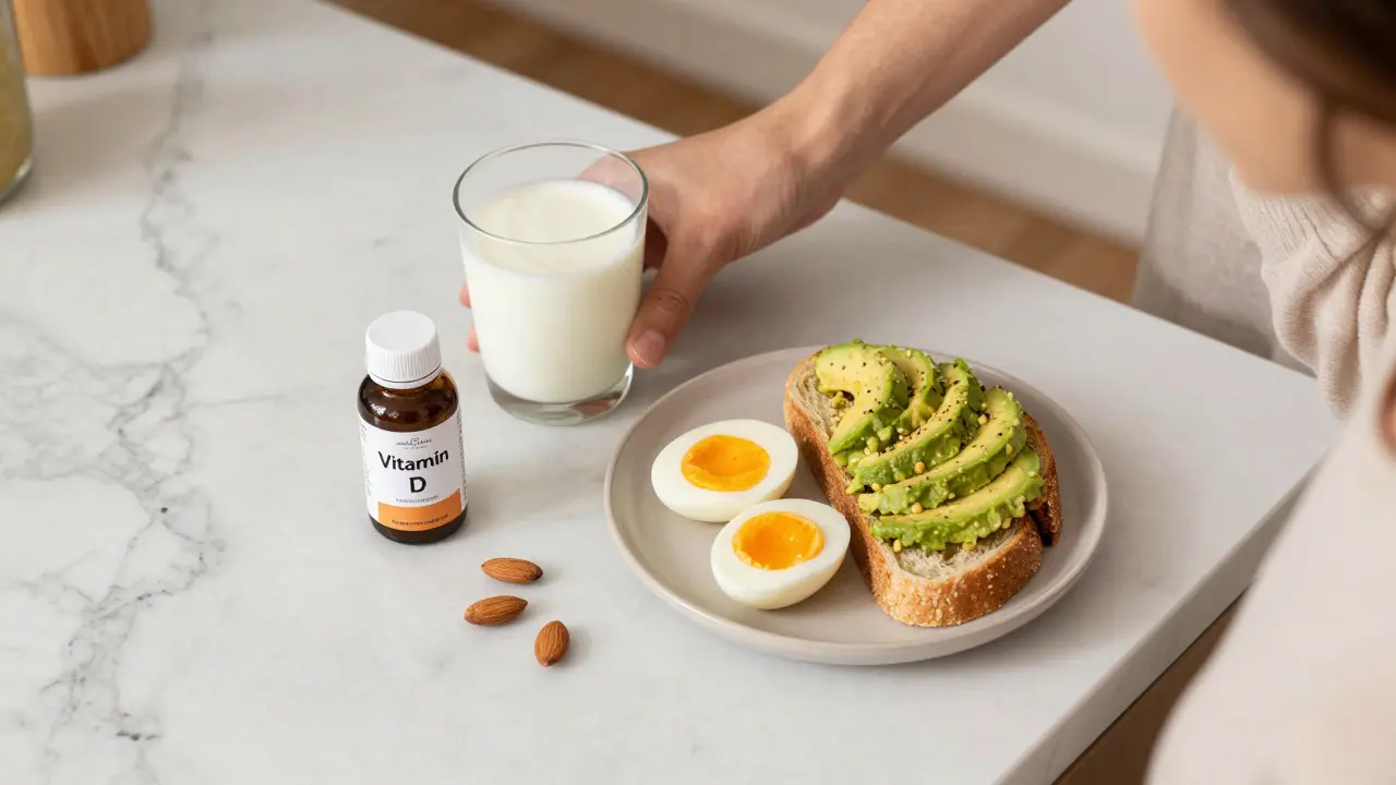 Zdravá ranní rutina s vajíčkem, avokádem a doplňkem stravy vitamín D.