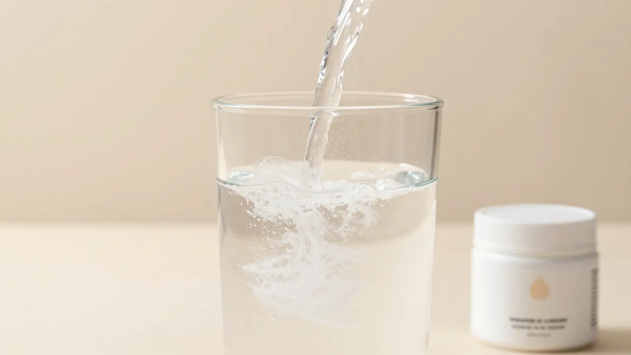 Hydrolyzovaný kolagen se rozpouští ve sklenici vody jako doplněk stravy