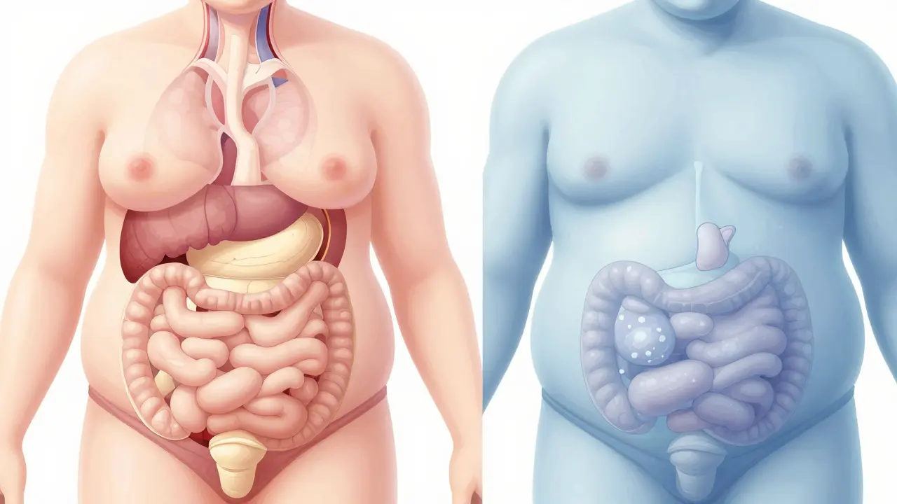 Ilustrace rozdílu mezi viscerálním tukem a nafouknutím břicha v průřezu těla