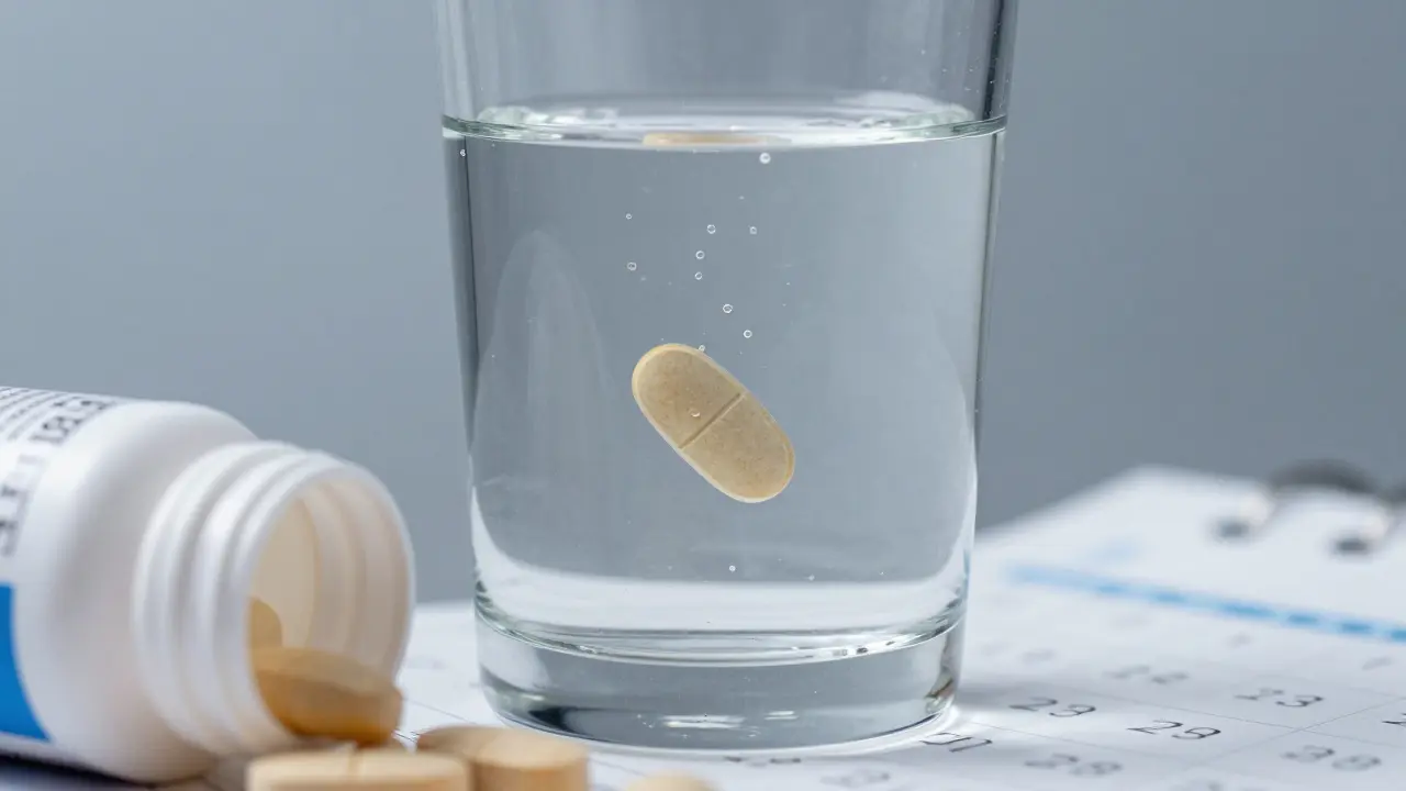 Rozpuštěná tableta multivitaminu ve sklenici vody
