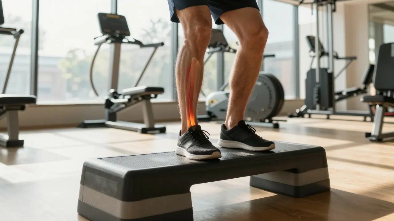 Sportovec provádí pomalé excentrické cviky pro regeneraci Achillovky