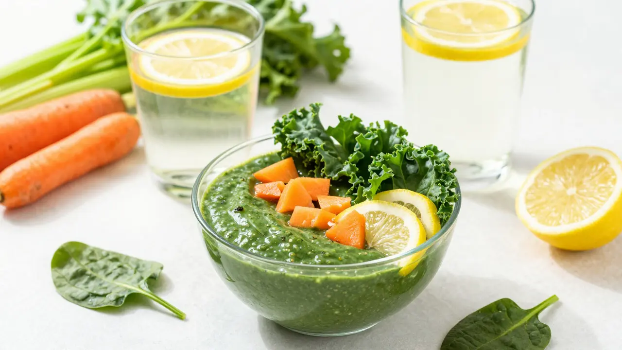 Zdravá alternativa: zeleninový smoothie a sklenice vody v ranním světle