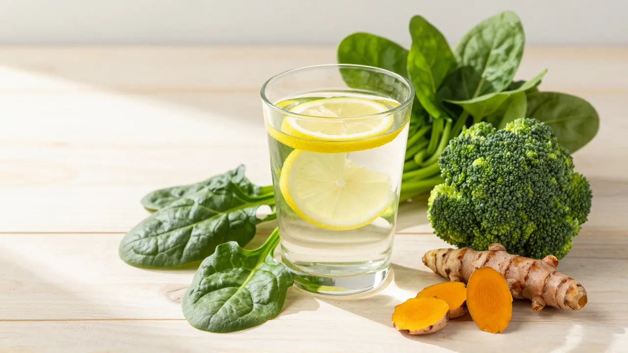 Čerstvé ovoce, zelenina a voda podporující přirozenou detoxikaci těla