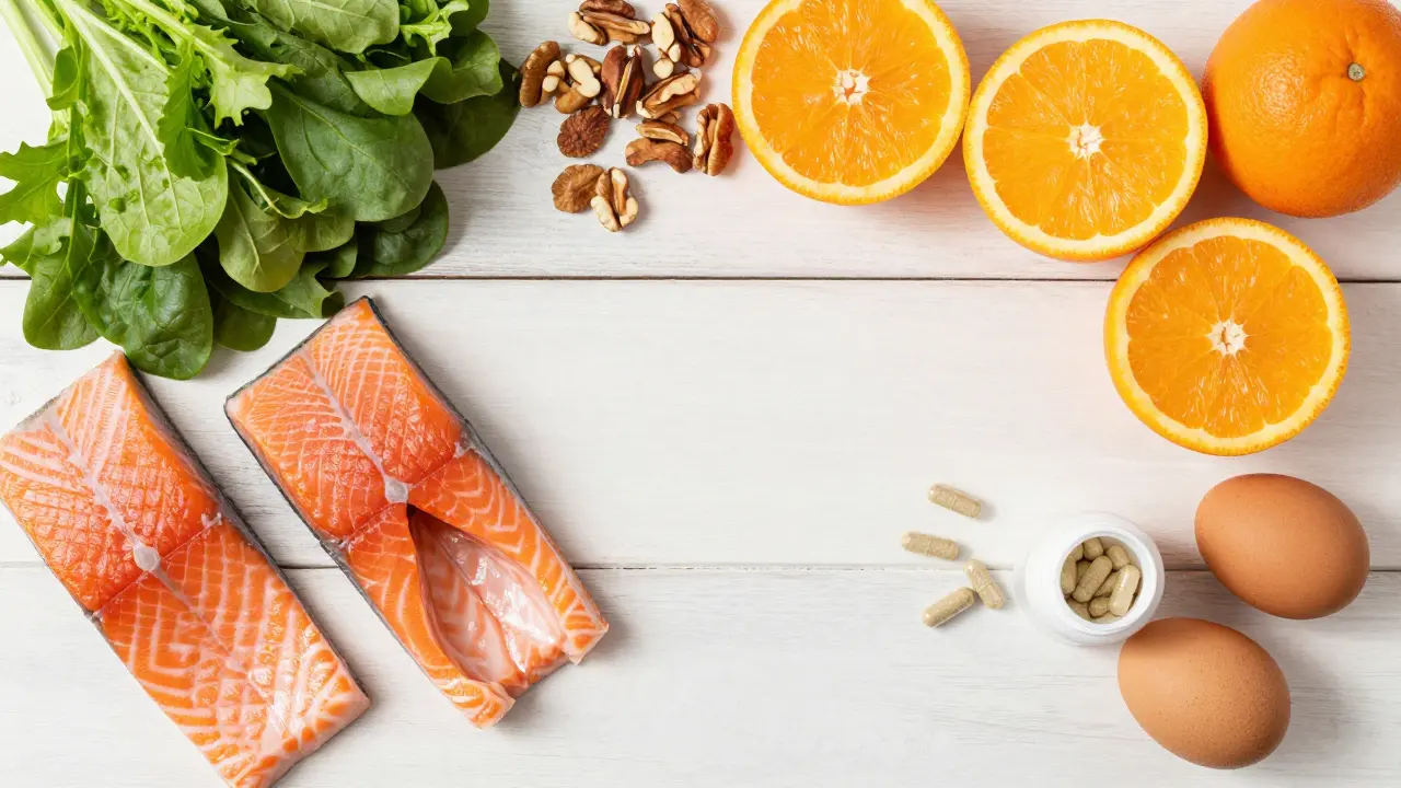 Čerstvé potraviny vedle lahvičky s multivitamíny na stole