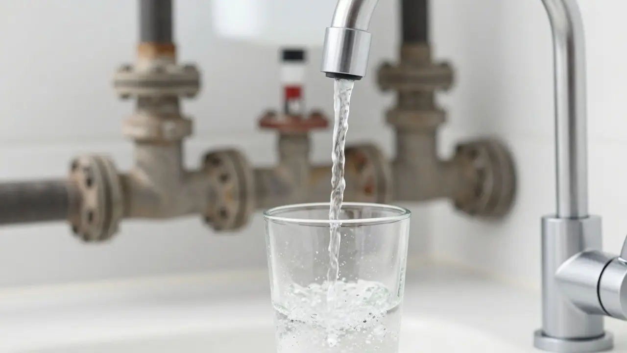 Čistá voda z filtru proti kontaminaci ze starých trubek