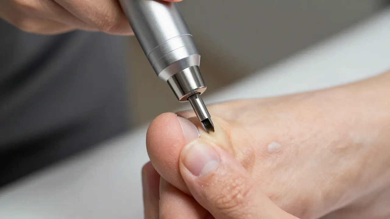 Detailní úprava tvrdé kůže na patě pomocí sterilního frézovacího přístroje