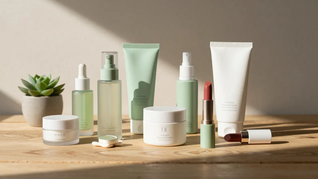 Kolece cruelty-free kosmetiky na dřevěném stole