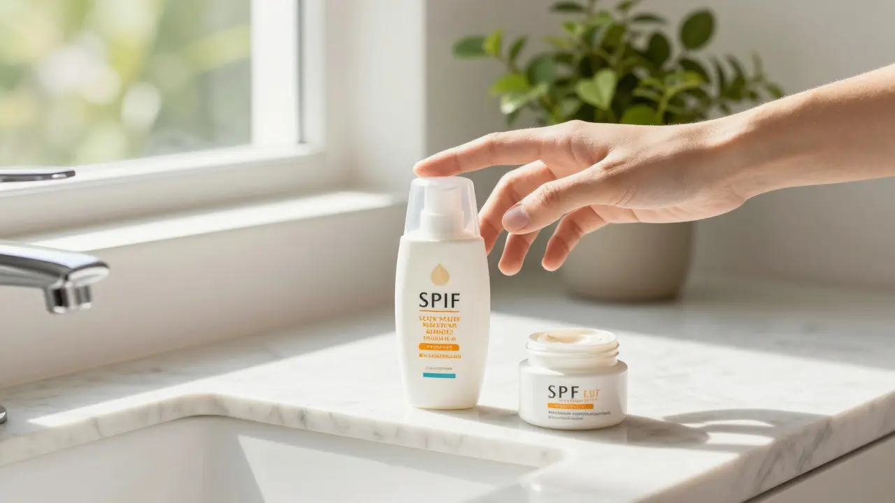 Krem na opalování a retinol na mramorové desce ve světle