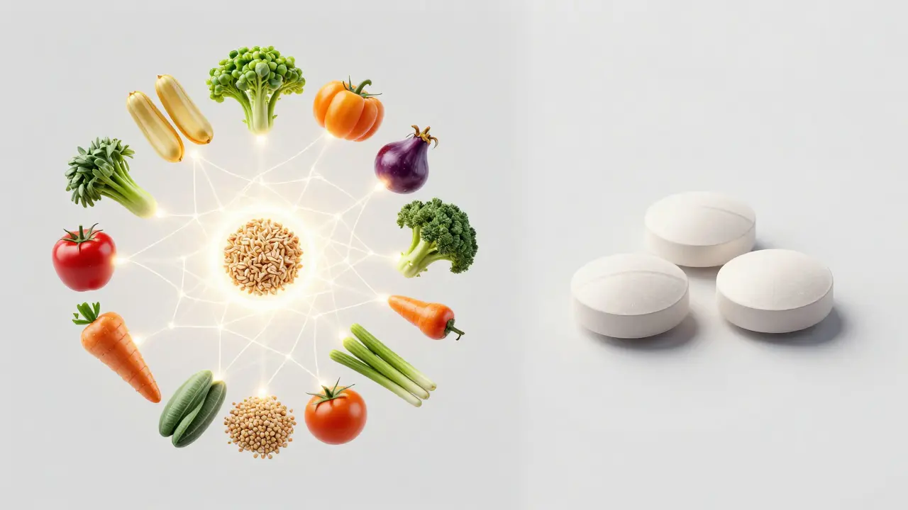 Porovnání živin z čerstvých potravin a izolovaných vitamínových tablet