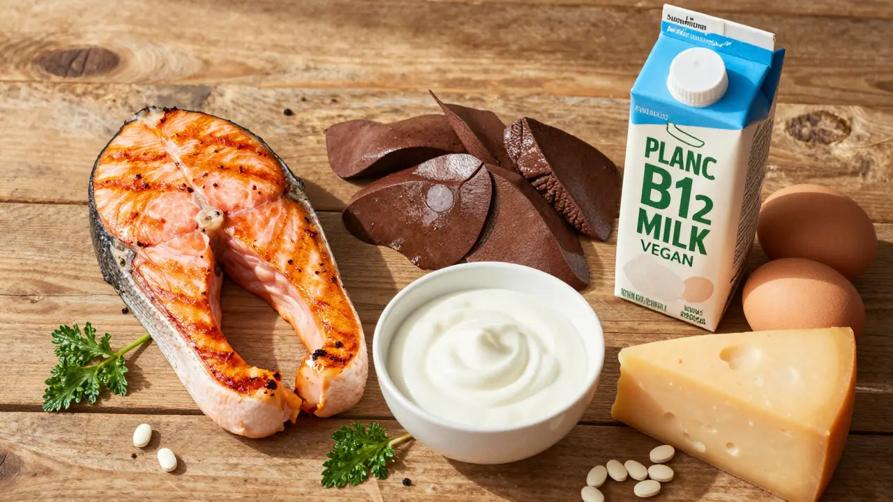 Potraviny bohaté na vitamin B12 a doplňky stravy na dřevěném stole