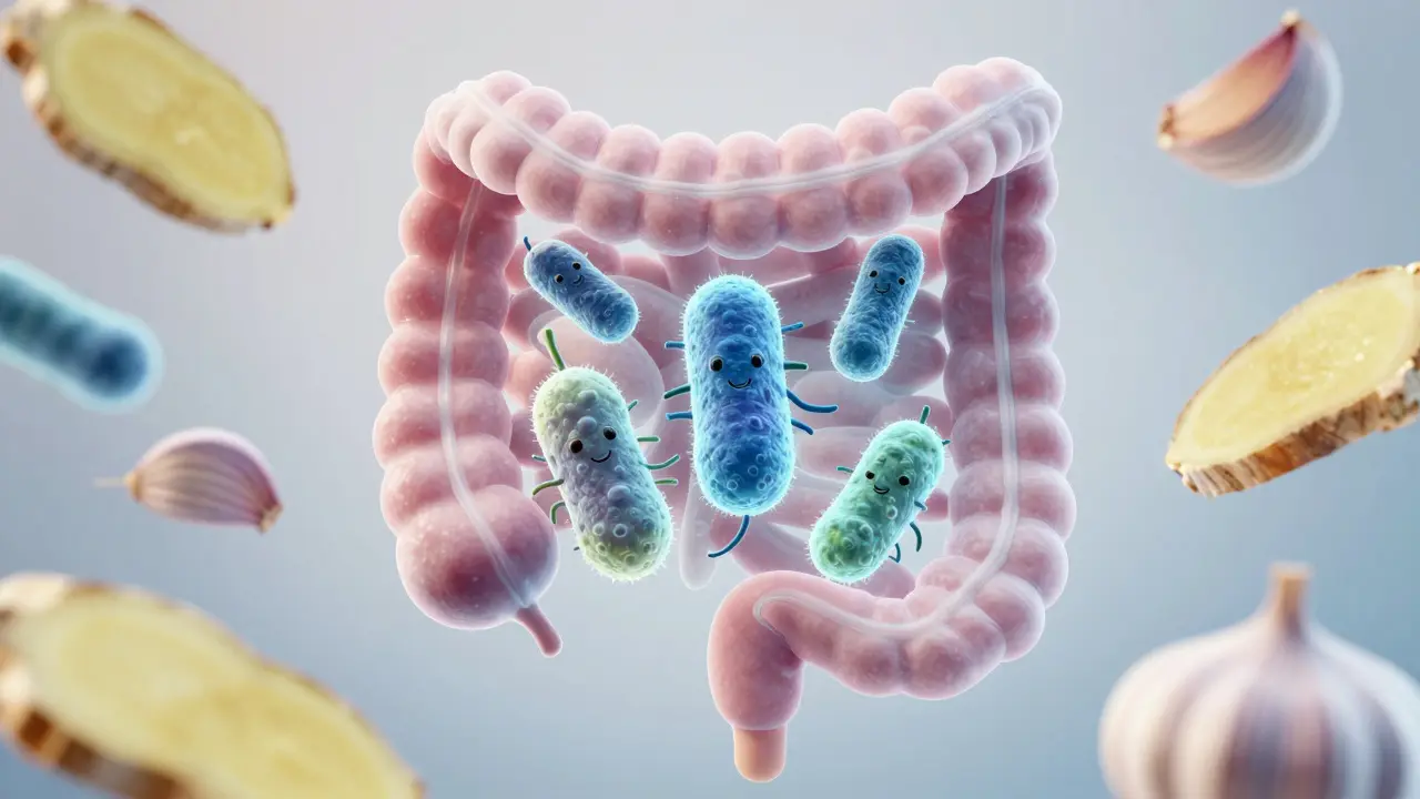 Umělecká vizualizace střevního mikrobiomu s přátelskými bakteriemi a kořením