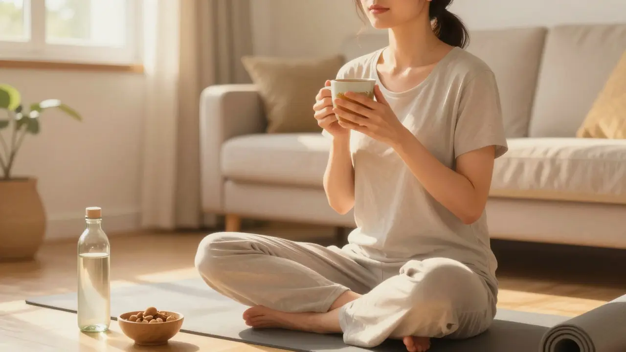 Žena v klidném prostředí praktikující meditaci pro rovnováhu
