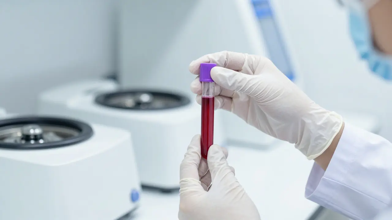 Zkoumání krevního vzorku ve sterilní lékařské laboratoři