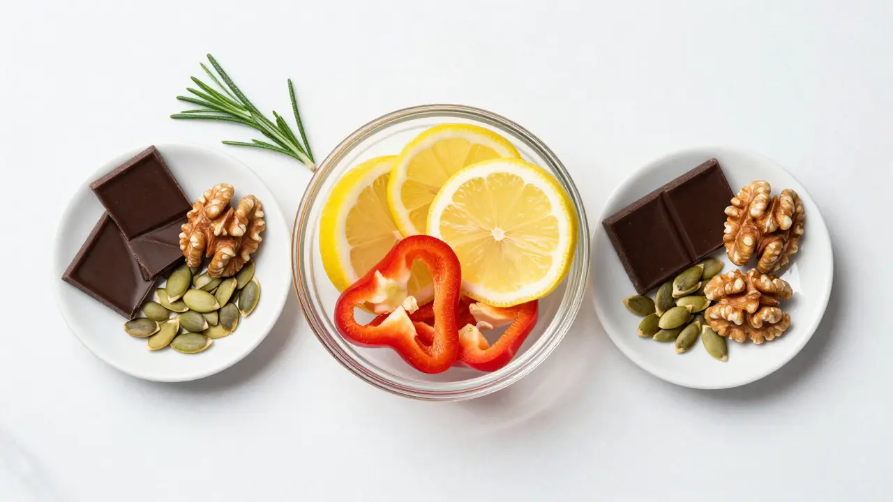 Citrony, paprika, ořechy a čokoláda jako zdroje vitamínů pro tvorbu kolagenu