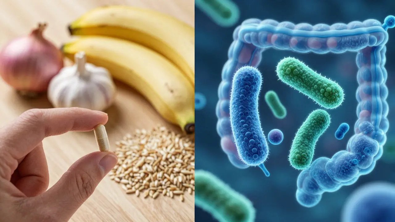Kapsle probiotik vedle česneku a banánů na dřevěném stole