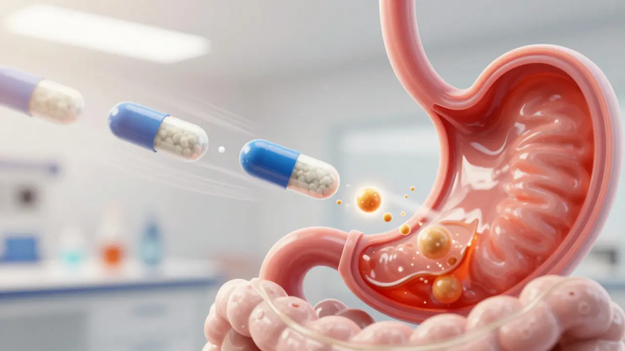 Koncept přežití probiotik v žaludku a uvolnění ve střevech