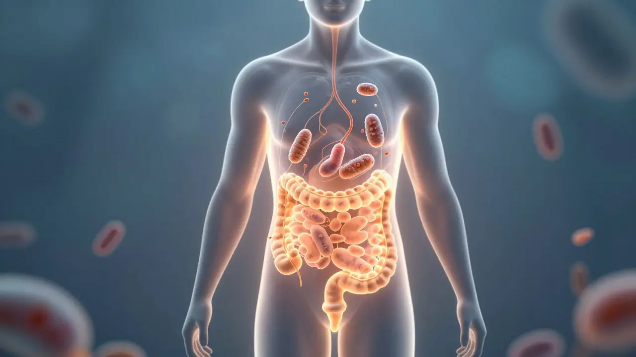 Konceptuální ilustrace zdravého trávení a synbiotického efektu